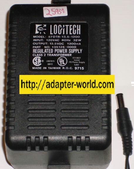 LOGITECH 57DTR-13.5-1200 AC ADAPTER 13.5VDC 1200mA -( ) 2x5.5mm